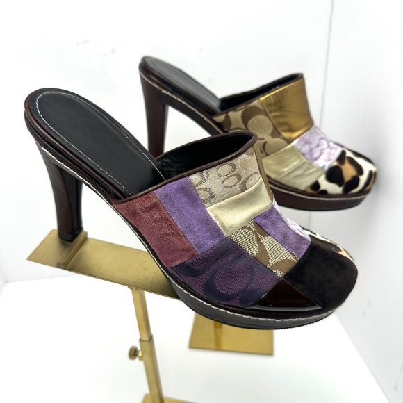 Y2KCoach Patchwork Platform Mules Leopard Calf Hair Metallic Leather Heels Multi - Picture 5 of 16